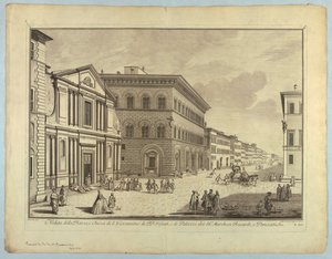 Vista de Florencia, placa de "Scelta di XXIV Vedute delle principali contrade, piazze, chiese, e palazzi della Città di Firenze" de after Giuseppe Zocchi