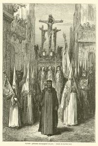 Cofrades (penitentes) acompañando un paso de Gustave after Dore