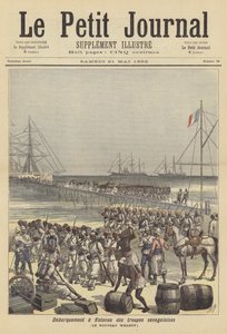 Tropas senegalesas desembarcando en el nuevo muelle de Cotonou, Dahomey