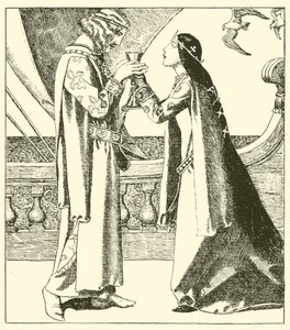 Belle Isoult y Sir Tristram beben el brebaje de amor de after Howard Pyle