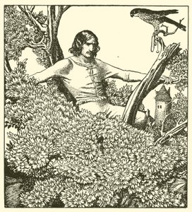 Sir Launcelot sube a atrapar el halcón de la dama de after Howard Pyle