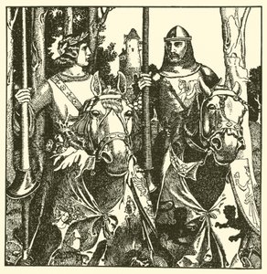 Sir Percival y Sir Lamorack cabalgan juntos de after Howard Pyle