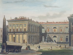 Patio interior del Palazzo Pitti, Florencia, grabado por Johann Falkeisen y coloreado por L. Cherbuin, c.1842 de after Italian School