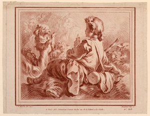 Pastor Sentado Jugando con un Perro de after Jean Baptiste Huet