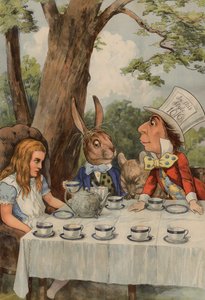 Póster que representa la fiesta del té del Sombrerero Loco de Alicia en el País de las Maravillas