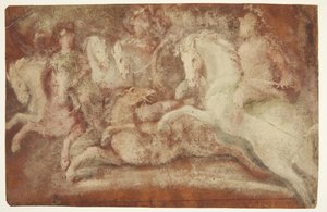 Escena de batalla con caballos y dos jinetes de after Lambert van Haven