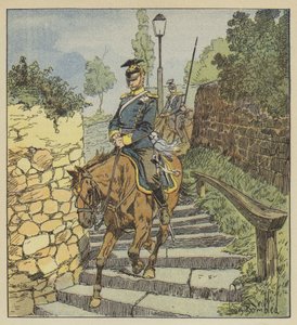 En Chateaudun, Dos ulanos perseguidos bajan a caballo la escalera de piedra de 200 escalones de after Louis Charles Bombled