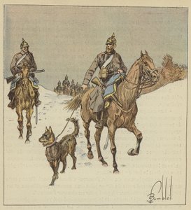 Jinetes prusianos en reconocimiento, precedidos de perros llevados con correa de after Louis Charles Bombled