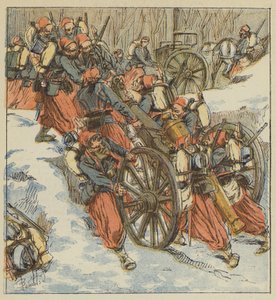Combate de Chilleurs-aux-Bois, los zuavos retiran dos piezas de 12 de un foso, bajo el fuego de los prusianos de after Louis Charles Bombled