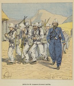 Restos del 40º cazadores evacuando Andriba de after Louis Charles Bombled