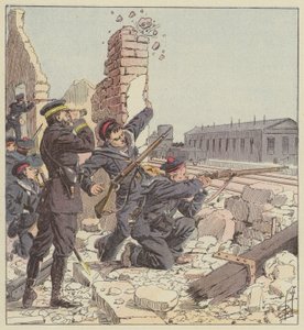 Defensa de la estación de Tien-Tsin por los fusileros marinos de after Louis Charles Bombled