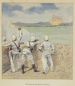 Explosión del fuerte hova de Farafate de after Louis Charles Bombled