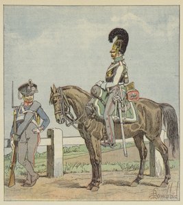 Infantería de línea prusiana (42º reg) y coracero prusiano (1806) de after Louis Charles Bombled