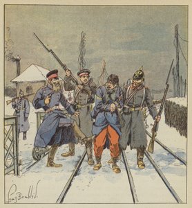 El furriel Papot, herido y hecho prisionero, es golpeado vergonzosamente por un oficial prusiano de after Louis Charles Bombled