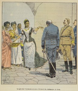 El general Duchesne y sus oficiales en la ceremonia del baño de after Louis Charles Bombled