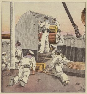 Marineros japoneses bombardeando la flota china en el Yalou de after Louis Charles Bombled