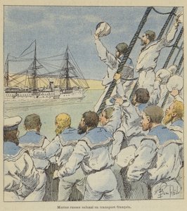 Marineros rusos saludando a un transporte francés de after Louis Charles Bombled