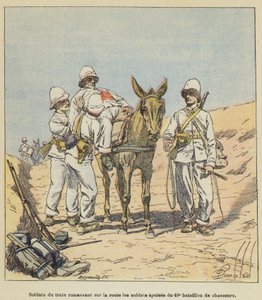 Soldados del tren recogiendo en la ruta a los soldados exhaustos del 40º batallón de cazadores