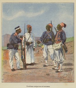 Tiradores malgaches y haoussas de after Louis Charles Bombled
