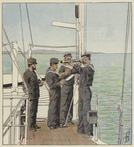 Centinelas japoneses vigilando la flota de Port-Arthur de after Louis Charles Bombled