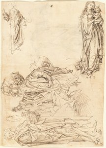 San Cristóbal, San Juan Bautista, la Virgen y el Niño, y Cristo Bendiciendo (recto) de after Martin Schongauer Master of the Drapery Studies