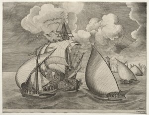 Sailing Vessels: A Fleet of Galleys Escorted by a Caravel de after Pieter Bruegel