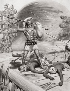 Alejandro Magno luchando contra los Assacani en la ciudad fortificada de Massaga, India durante su campaña india en 326 a.C., de la Historia de las Naciones de Hutchinson, pub.1915 de after Robert Dudley