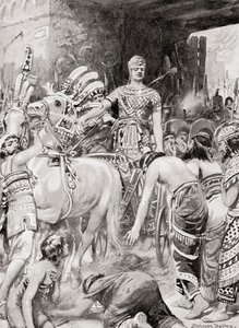 Psamtik I de Egipto entrando en la ciudad de Azotus o Ashdod, de la Historia de las Naciones de Hutchinson, pub.1915 de after Robert Dudley