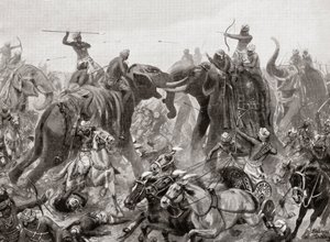 La derrota de Pulakeshin Chalukhya por Narasimhavarman I en Badami en 642 d.C., de la Historia de las Naciones de Hutchinson, pub.1915 de after Robert Dudley