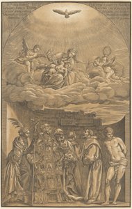La Virgen y el Niño en las Nubes con Seis Santos de after Titian John Baptist Jackson