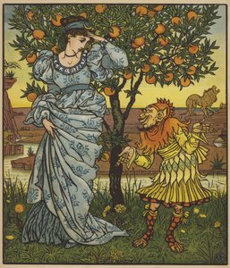 El enano amarillo rescata a la princesa de los leones de after Walter Crane