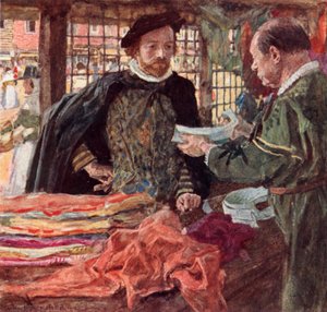 Shakespeare en una mercería para comprarse uno de los nuevos cuellos caídos que están reemplazando a los cuellos rizados