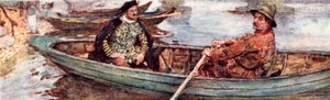 Shakespeare con un barquero siendo remado por el Támesis, Londres de after William Hatherell
