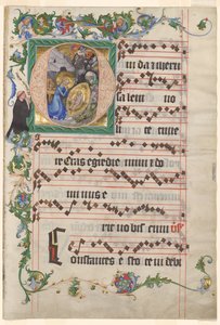 Bifolio from an Antiphonary: Historiated Initial O with the Nativity de after a work attributed to Zhou Wenju