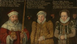 Alemán: Retrato del príncipe elector Federico III del Palatinado (1515-1576) con sus esposas Maria von Brandenburg-Kulmbach y Amalia von Neuenar de anonymous 