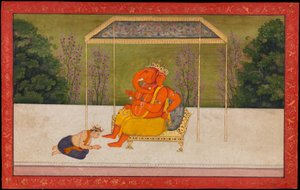 "Indra venera al dios de cabeza de elefante Ganesha, sentado en un trono". Folio de la serie Tehri Garhwal del Gita Govinda