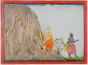 El rey Muchukunda entra en el reino del monte Gandhamadana para alcanzar la salvación, del “Quinto Basohli Bhagavata Purana” de attributed to Fattu
