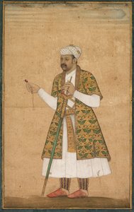 Una cortesana, posiblemente Khan Alam, sosteniendo una espinela y una espada Deccan de attributed to Govardhan