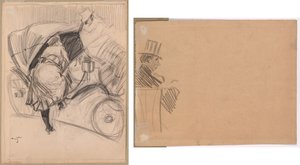Mujer entrando en un fiacre (recto); Perfil derecho de un hombre con sombrero alto (verso) de attributed to Jean Louis Forain