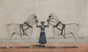 Un mozo de cuadra sosteniendo dos caballos de carruaje, ca. 1845