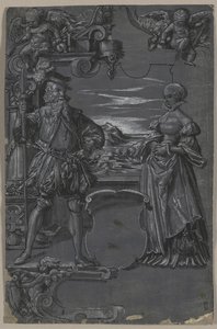 Diseño para pintura en vidrio: Hombre y mujer en entorno arquitectónico de attributed to Tobias Stimmer