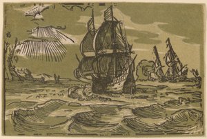 Dos barcos de tres mástiles frente a una costa de attributed to workshop of Willem Jansz. Blaeu