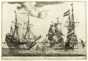 Tres veleros amarrados, de Trece escenas navales de called Zeeman Reinier Nooms