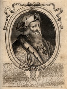 Retrato de Clotario I (497 - 561), Rey de Neustria y Rey de los Francos - grabado de 