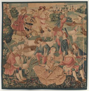 Escenas de caza y pastorales, con un héroe coronado entre damas de design probably French 16th Century, Paris; woven in southern Netherlands or Paris in an undetermine workshop