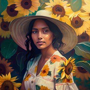 Abstracto hermosa chica mexicana retrato y girasoles de fondo, lienzo imprimible Arte