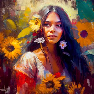 Hermosa mujer mexicana rodeada de girasoles, pared Impresión artística bajo demanda