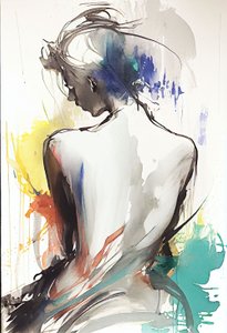 Dibujo en acuarela que retrata a una mujer sentada de espaldas hacia de F. Abderrahim