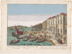 Gezicht op het Stadhuis en de haven te Marseille Vista del Palacio de la Ciudad de Marsella, y de una parte del puerto (title on object) de familie Remondini (attributed to)