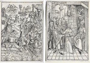 Der Schatzbehalter: Moisés encontrado por la hija del faraón (recto); Der Schatzbehalter: Cristo ante Caifás (verso) de firm of Christophe Philippe Oberkampf